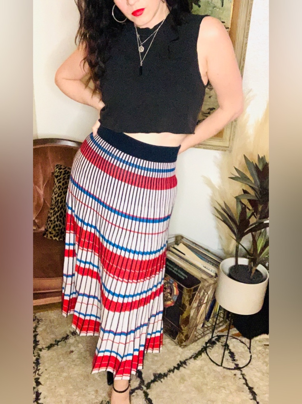 Banana Republic Pleated Striped Sweater Knit Midi Skirt
